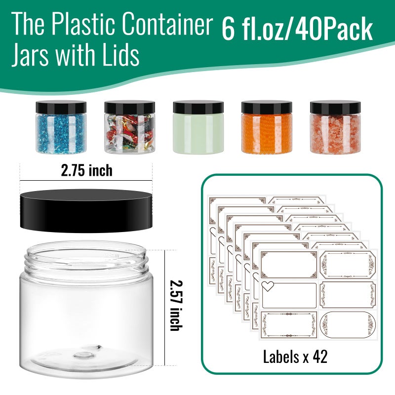 SZUAH 6 oz Plastic Containers with Lids 40Pack, Plastic Jars with Lids 6 oz, Empty Clear Slime Containers for Lotion, Cream, Body Butter, Makeup, Travel Storage(180ml, Set of 40) - Image 2